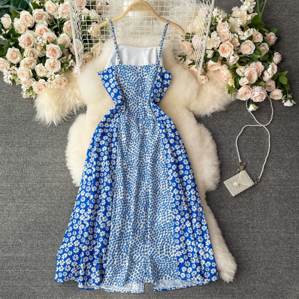 French Style Vintage Floral Split Sling Dress Bohemian Sanya Seaside Holiday Beach Dress Large Swing Dress - Image 5