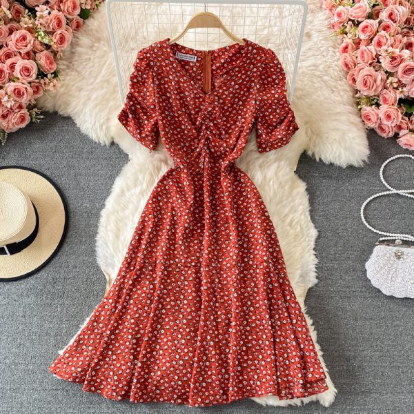 Summer Korean New Slimming Fitted Waist Sweet Puff Sleeve Gentle First Love V-neck Floral Chiffon Dress