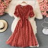 Summer Korean New Slimming Fitted Waist Sweet Puff Sleeve Gentle First Love V-neck Floral Chiffon Dress - Image 2