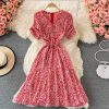 Summer Korean New Slimming Fitted Waist Sweet Puff Sleeve Gentle First Love V-neck Floral Chiffon Dress - Image 3