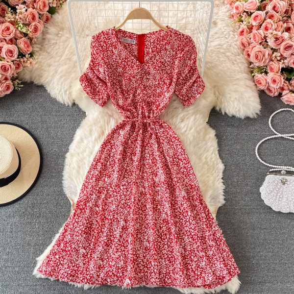 Summer Korean New Slimming Fitted Waist Sweet Puff Sleeve Gentle First Love V-neck Floral Chiffon Dress - Image 3