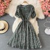 Summer Korean New Slimming Fitted Waist Sweet Puff Sleeve Gentle First Love V-neck Floral Chiffon Dress - Image 4