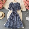 Summer Korean New Slimming Fitted Waist Sweet Puff Sleeve Gentle First Love V-neck Floral Chiffon Dress - Image 5