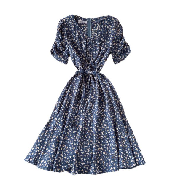 Summer Korean New Slimming Fitted Waist Sweet Puff Sleeve Gentle First Love V-neck Floral Chiffon Dress - Image 6