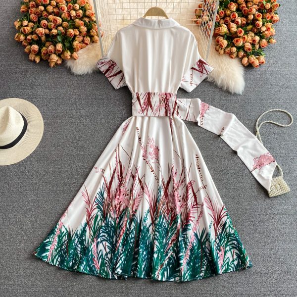 new spring and summer high-end short-sleeved elegant temperament retro print large-length skirt V-neck dress - Image 5