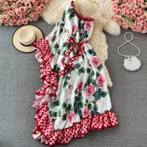 Personalized Ruffled Sloping Shoulder Backless Dress Loose Slim Fit Slimming Bohemian Seaside Holiday Large Swing Dress