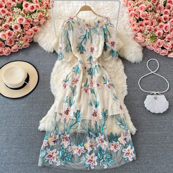 summer new European and American high-end temperament mesh embroidered high waist slim round neck dress - Image 2