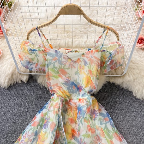 French Style Retro Gentle Style Strap Dress Summer New Super Fairy Sweet Puff Sleeve Floral Strapless Long Dress for Women - Image 3