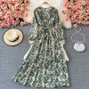 Lightly Mature Printed V-neck Dress Summer Gentle Graceful Puff Sleeve Tight Waist Super Fairy Swing Dress - Image 2