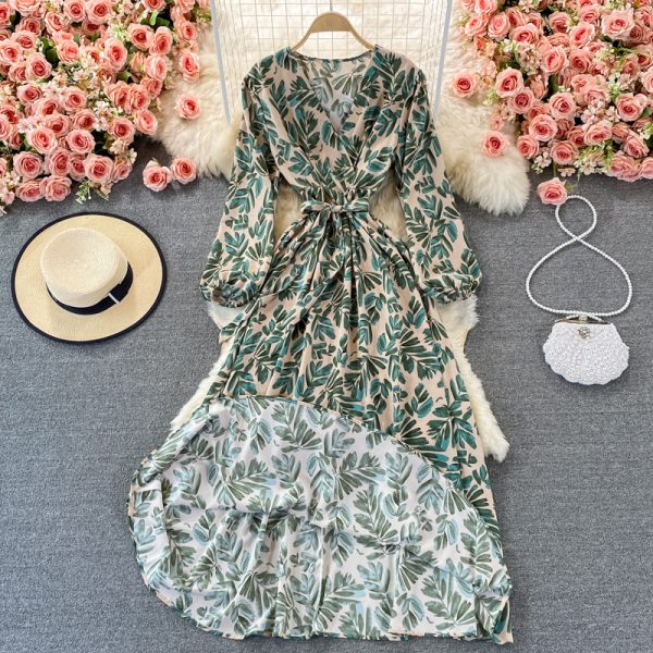 Lightly Mature Printed V-neck Dress Summer Gentle Graceful Puff Sleeve Tight Waist Super Fairy Swing Dress - Image 3