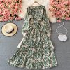 Lightly Mature Printed V-neck Dress Summer Gentle Graceful Puff Sleeve Tight Waist Super Fairy Swing Dress - Image 4