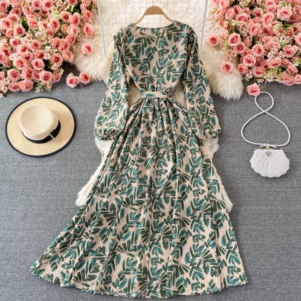 Lightly Mature Printed V-neck Dress Summer Gentle Graceful Puff Sleeve Tight Waist Super Fairy Swing Dress - Image 4