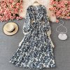 Lightly Mature Printed V-neck Dress Summer Gentle Graceful Puff Sleeve Tight Waist Super Fairy Swing Dress - Image 5
