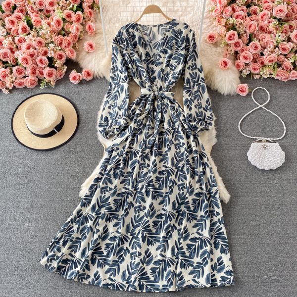 Lightly Mature Printed V-neck Dress Summer Gentle Graceful Puff Sleeve Tight Waist Super Fairy Swing Dress - Image 5