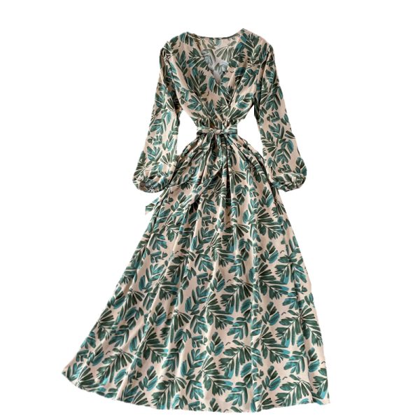 Lightly Mature Printed V-neck Dress Summer Gentle Graceful Puff Sleeve Tight Waist Super Fairy Swing Dress - Image 6