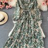 Lightly Mature Printed V-neck Dress Summer Gentle Graceful Puff Sleeve Tight Waist Super Fairy Swing Dress - Image 7