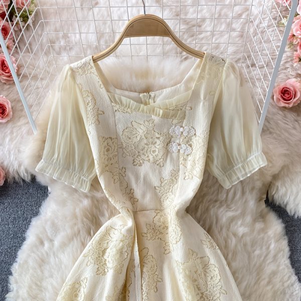 Gentle Square Collar Lace Dress Summer New Mid-Length Waist Slimming Machine Embroidery First Love Skirt - Image 3