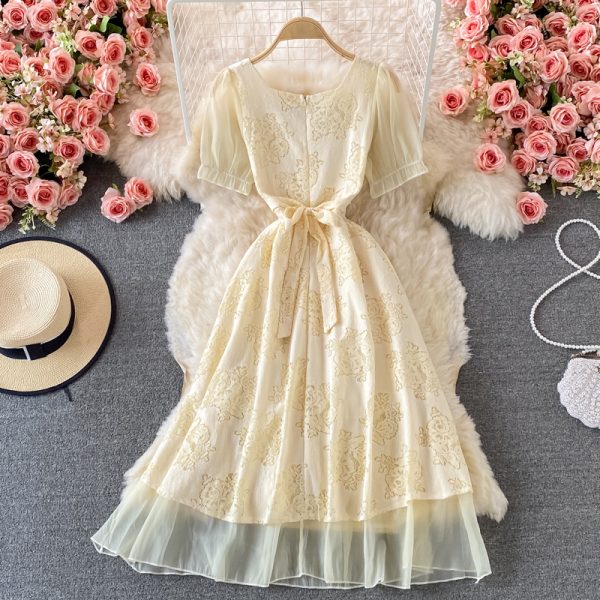 Gentle Square Collar Lace Dress Summer New Mid-Length Waist Slimming Machine Embroidery First Love Skirt - Image 5