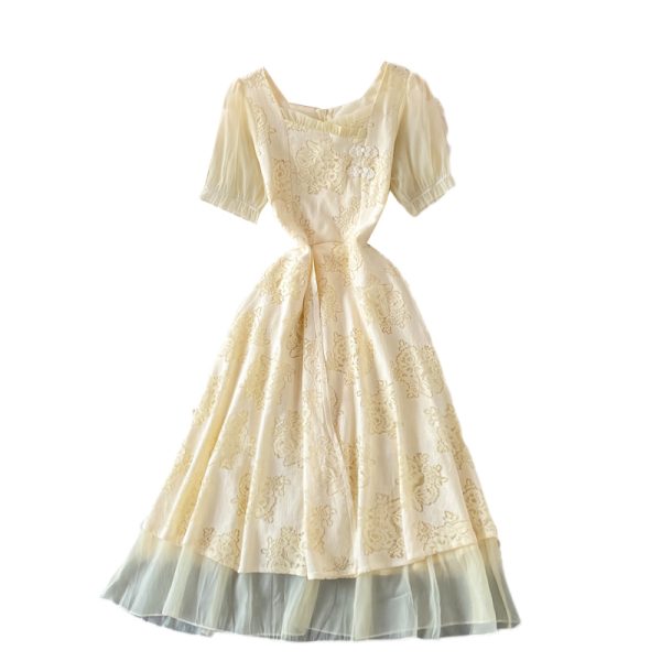 Gentle Square Collar Lace Dress Summer New Mid-Length Waist Slimming Machine Embroidery First Love Skirt - Image 6