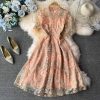 Ladies temperament lace embroidery wooden ear stand collar dress summer waist was thinner mid-length skirt short sleeves - Image 2