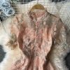 Ladies temperament lace embroidery wooden ear stand collar dress summer waist was thinner mid-length skirt short sleeves - Image 3