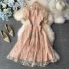 Ladies temperament lace embroidery wooden ear stand collar dress summer waist was thinner mid-length skirt short sleeves - Image 5