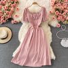 Square Collar Puff Sleeve Dress French Style Retro Waist-Controlled A- line Skirt Summer Gentle Sweet Mid-Length Skirt for Women - Image 2