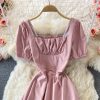 Square Collar Puff Sleeve Dress French Style Retro Waist-Controlled A- line Skirt Summer Gentle Sweet Mid-Length Skirt for Women - Image 3