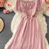Square Collar Puff Sleeve Dress French Style Retro Waist-Controlled A- line Skirt Summer Gentle Sweet Mid-Length Skirt for Women - Image 7