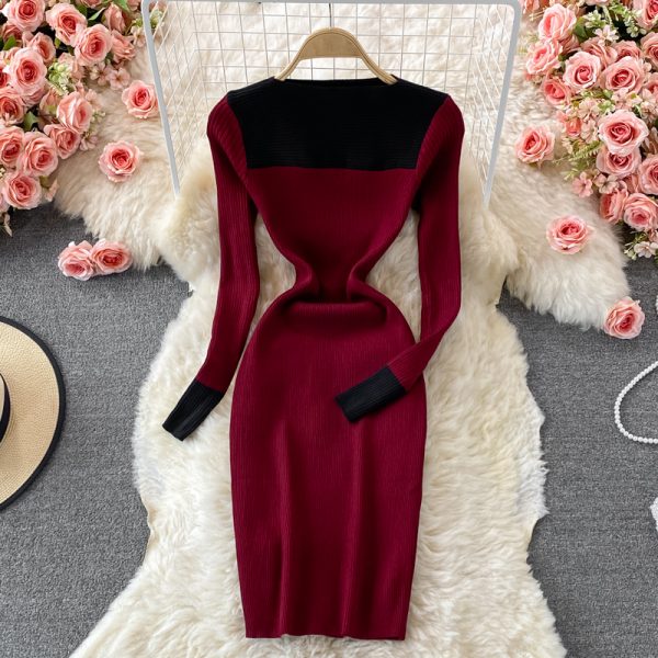 Stand Collar Stretch Knitted Dress Women’s Temperament Mid-Length Skinny Hip Skirt Autumn and Winter Slim Fit Base Sweater Dress - Image 2