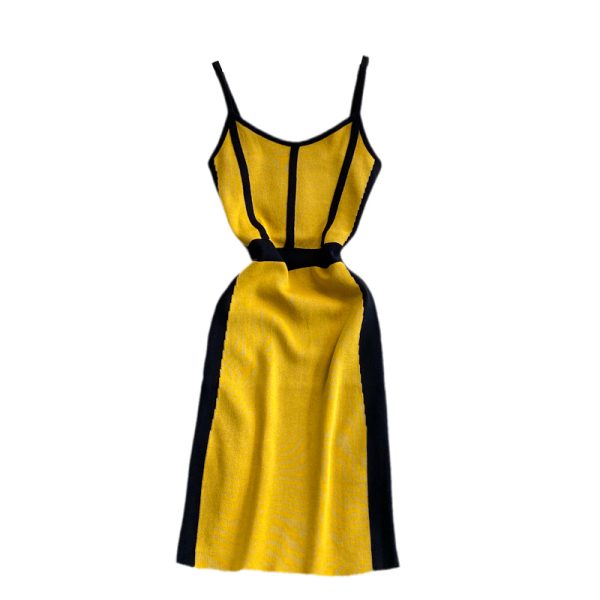 Korean Style Summer New Contrast Color Knitted V-neck Strap Vest Skirt Small Elastic Hip Bottoming Dress - Image 6