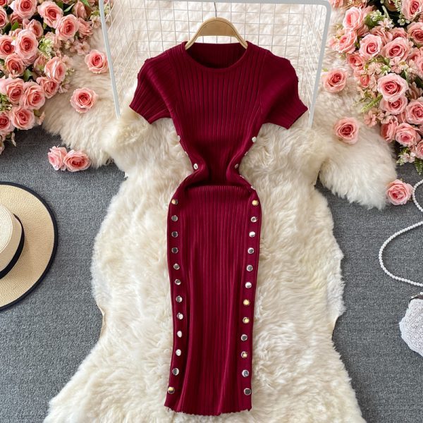 French Style Retro round Neck Short Sleeves Skinny Slimming Side Double Breasted Sheath Skirt Stretch Knitted Dress Summer - Image 2