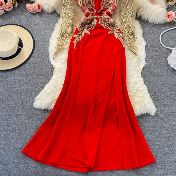Autumn Sexy Modified Retro Cheongsam Gauze Stitching Long Sleeve Evening Dress Long Dress Stand Collar Split Dress - Image 4