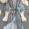 Summer Seaside Holiday Beach Dress Cardigan Long Skirt Temperament V-neck Lace-up Waist Trimming Fashion Print Holiday Dress - Image 7