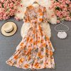 Summer new waist short-sleeved printed V-neck chiffon dress over the knee was thin popular puff sleeve large swing dress