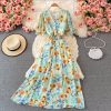 Summer new waist short-sleeved printed V-neck chiffon dress over the knee was thin popular puff sleeve large swing dress - Image 3
