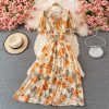Summer new waist short-sleeved printed V-neck chiffon dress over the knee was thin popular puff sleeve large swing dress - Image 4