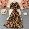 Summer new waist short-sleeved printed V-neck chiffon dress over the knee was thin popular puff sleeve large swing dress - Image 5