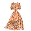 Summer new waist short-sleeved printed V-neck chiffon dress over the knee was thin popular puff sleeve large swing dress - Image 6