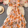 Summer new waist short-sleeved printed V-neck chiffon dress over the knee was thin popular puff sleeve large swing dress - Image 7