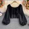 Autumn New Retro Fairy French Style Square-Neck Cinched Slimming Lantern Sleeves Shirt Short Western Style White Top for Women - Image 4