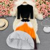 Autumn and winter new style long-sleeved knitting stitching color pleated five-point sleeve elegant large swing skirt - Image 4