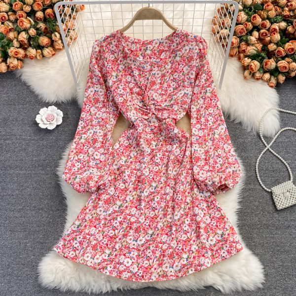 Autumn French high-waisted fairy dress with open waist V-neck chiffon dress, retro temperament, waist was thin, floral skirt - Image 2