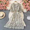 Summer New Korean Chic Retro V-neck Waist-Controlled Slimming Mid-Length Puff Sleeve Floral Large Swing Dress - Image 2