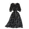 Summer New Korean Chic Retro V-neck Waist-Controlled Slimming Mid-Length Puff Sleeve Floral Large Swing Dress - Image 6