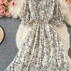 Summer New Korean Chic Retro V-neck Waist-Controlled Slimming Mid-Length Puff Sleeve Floral Large Swing Dress - Image 7